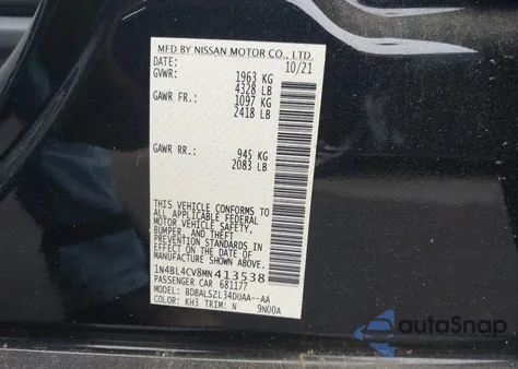 2021 Nissan Altima Sr Fwd from USA, damaged, VIN 1N4BL4CV8MN413538